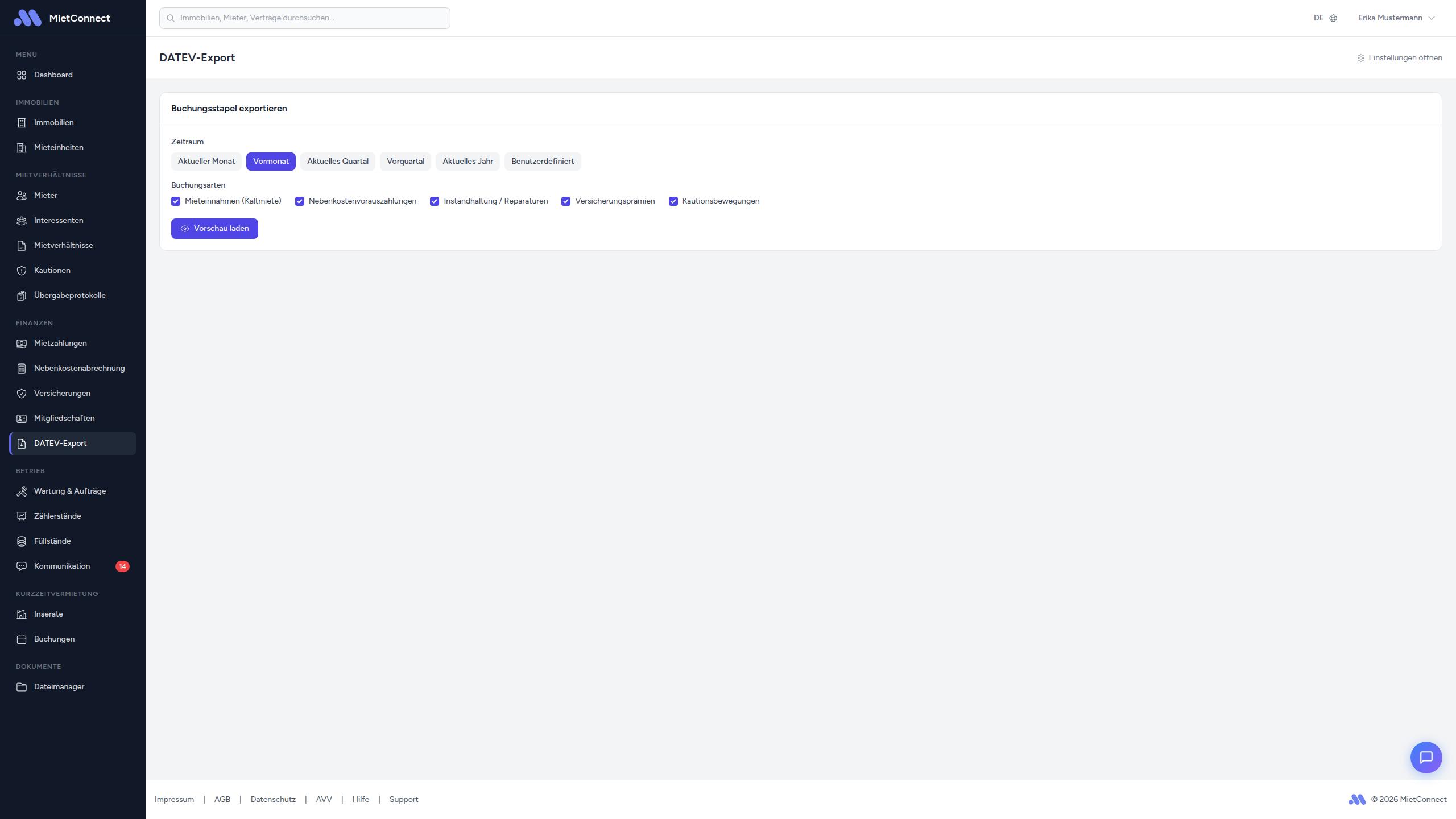 DATEV Export-Seite mit Zeitraumauswahl und Vorschau-Tabelle