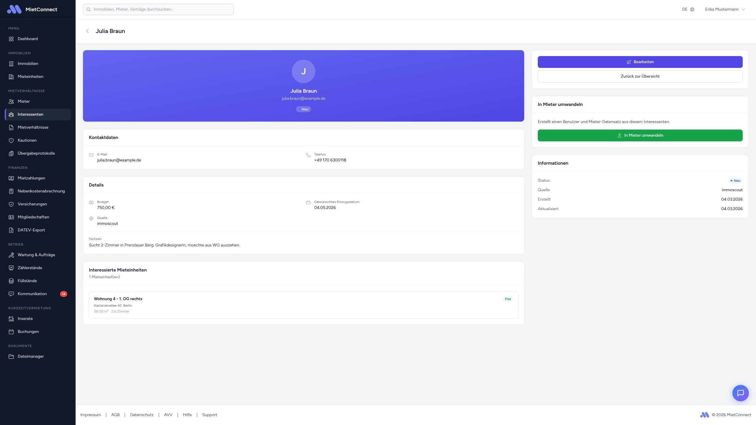 Detailseite eines Interessenten