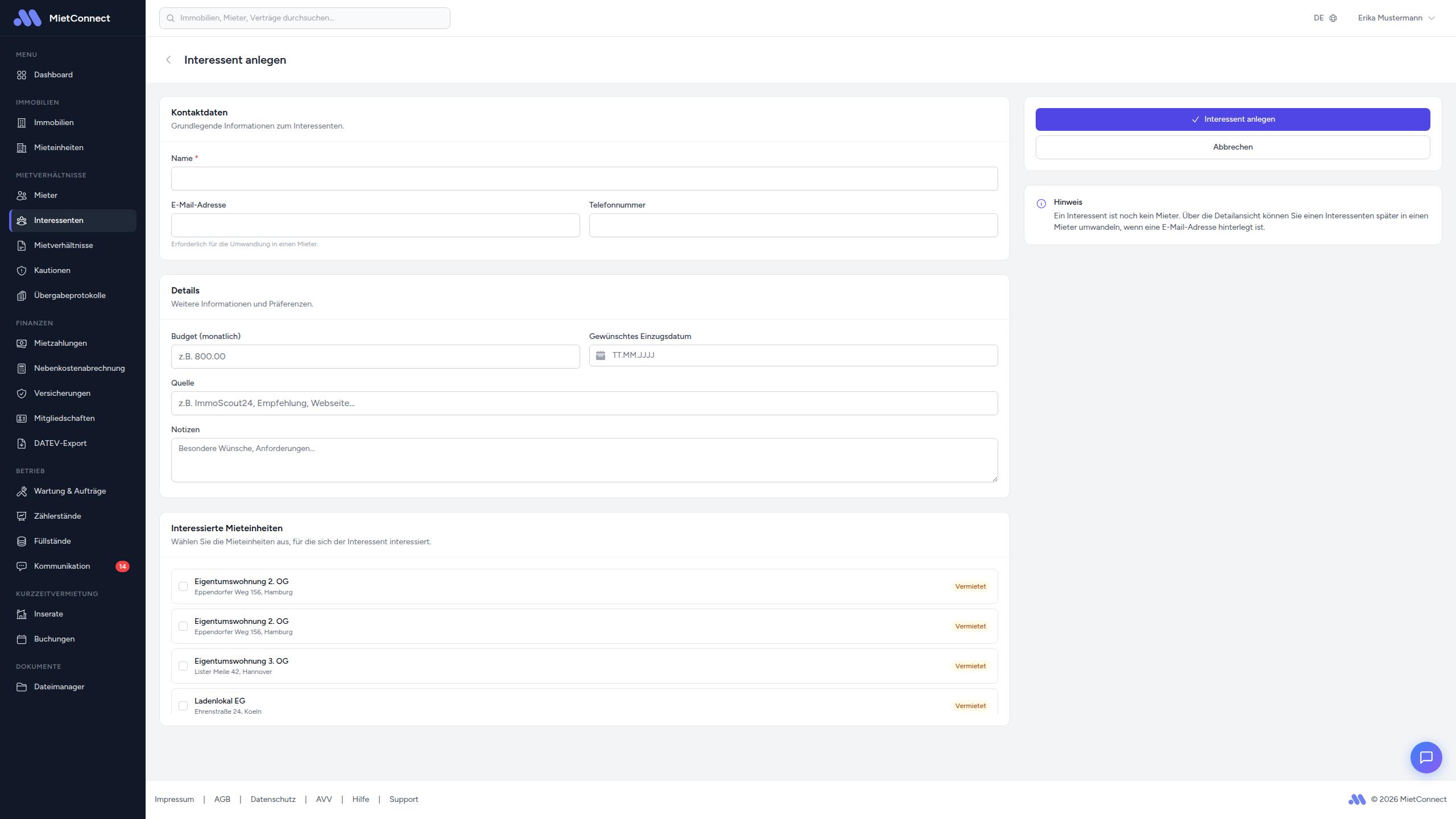 Formular zum Erstellen eines Interessenten