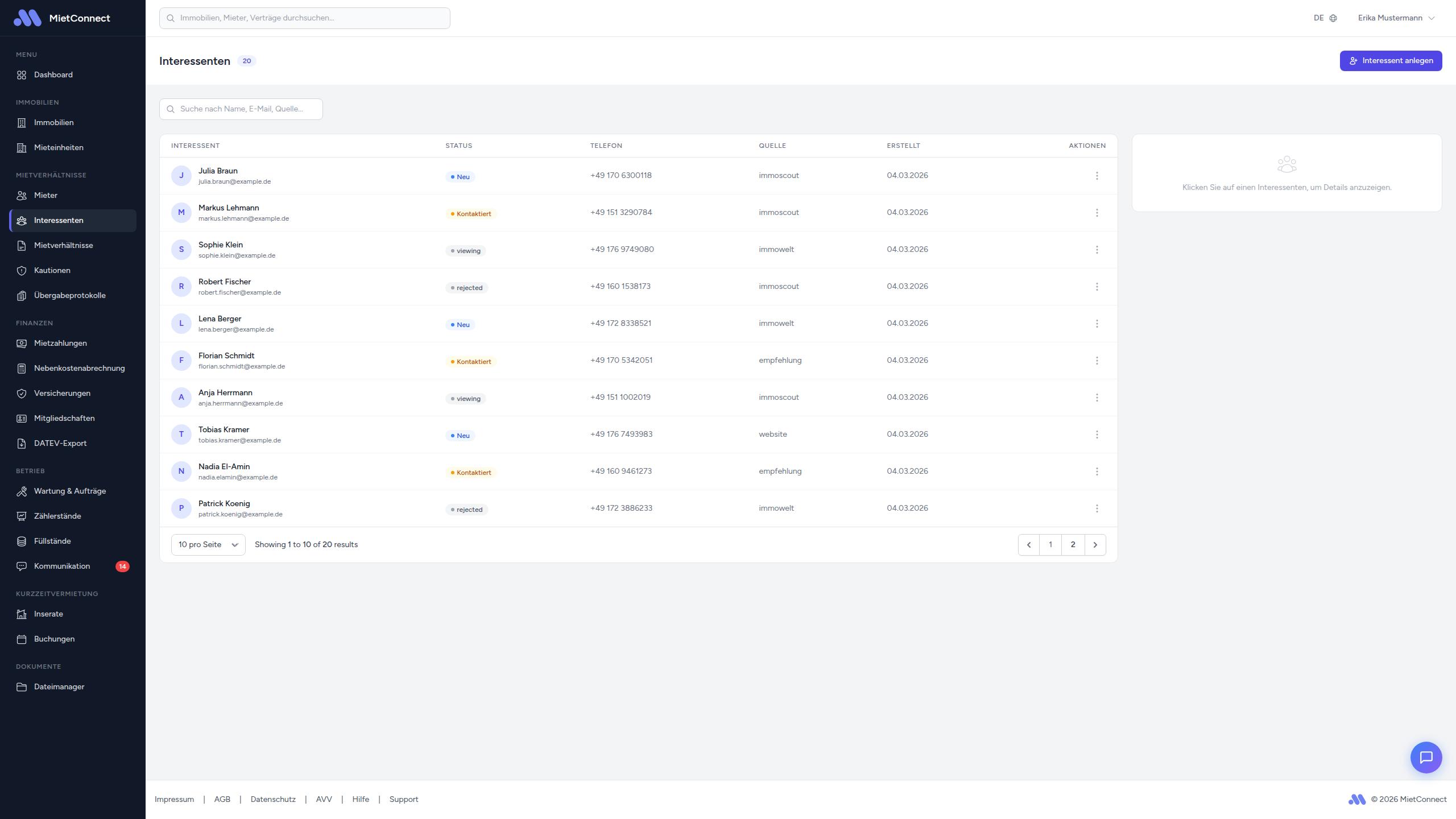 Interessenten-Übersichtsseite mit Tabelle