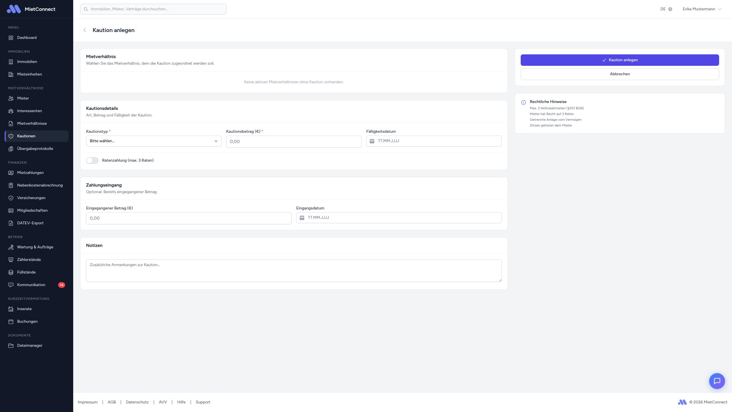 Formular zum Erstellen einer Kaution