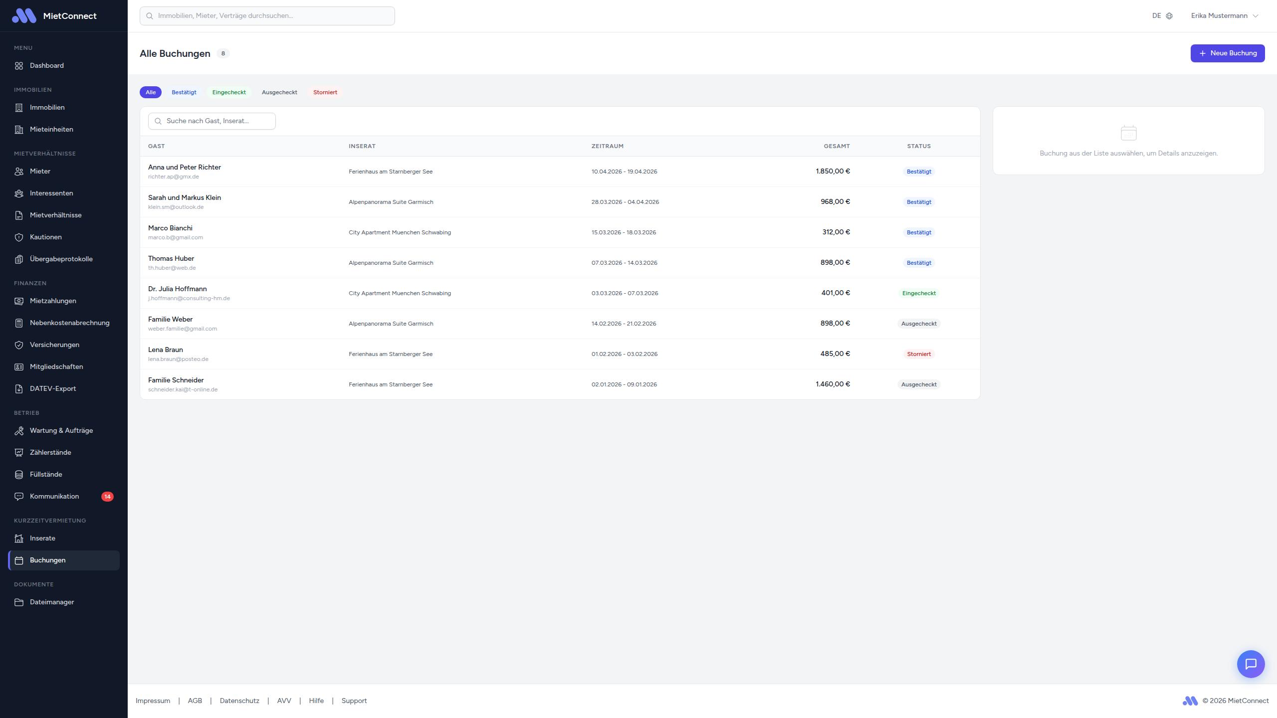 Formular zum Erstellen einer Buchung