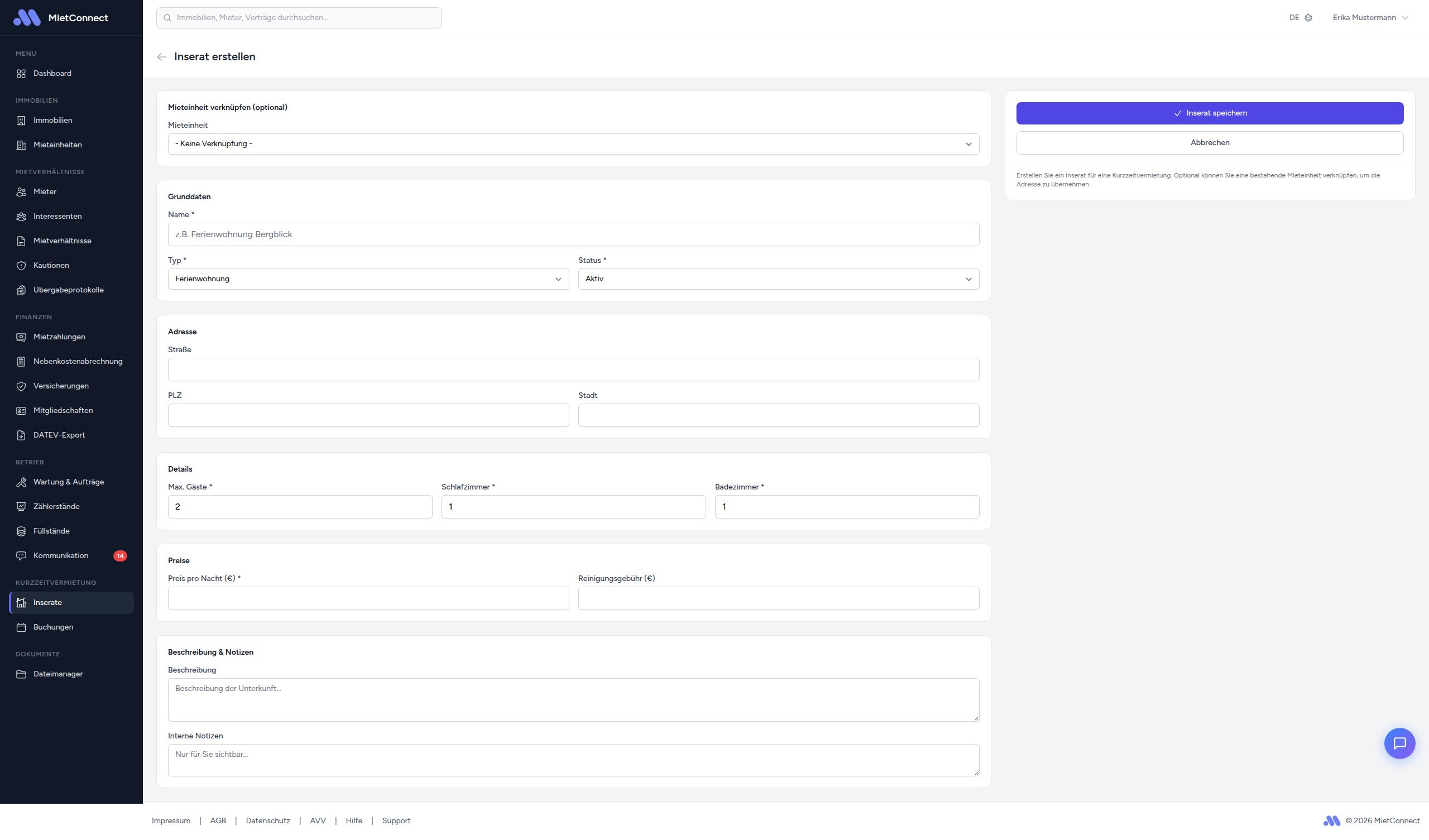 Formular zum Erstellen eines Inserats