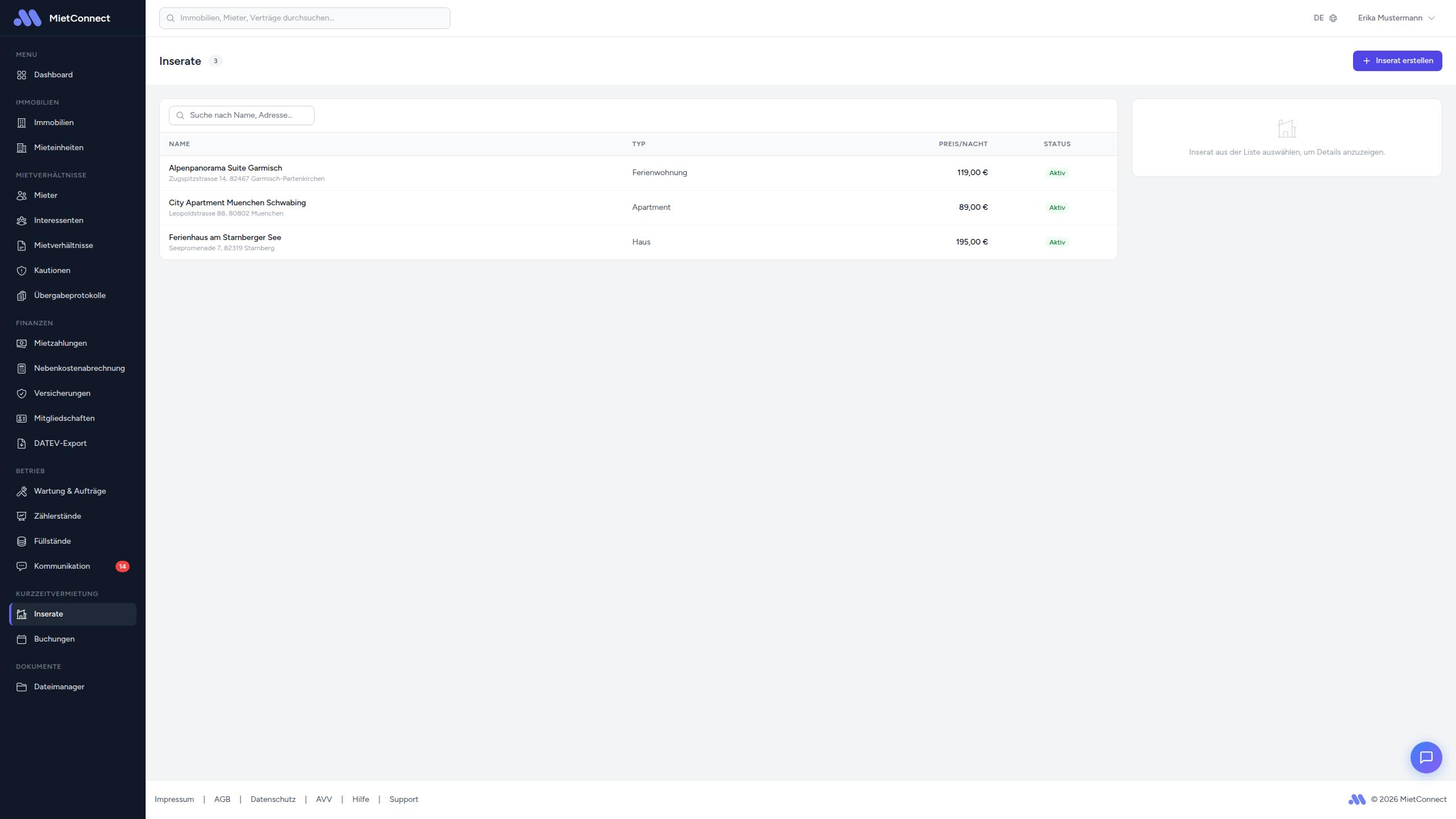 Inserate-Übersichtsseite