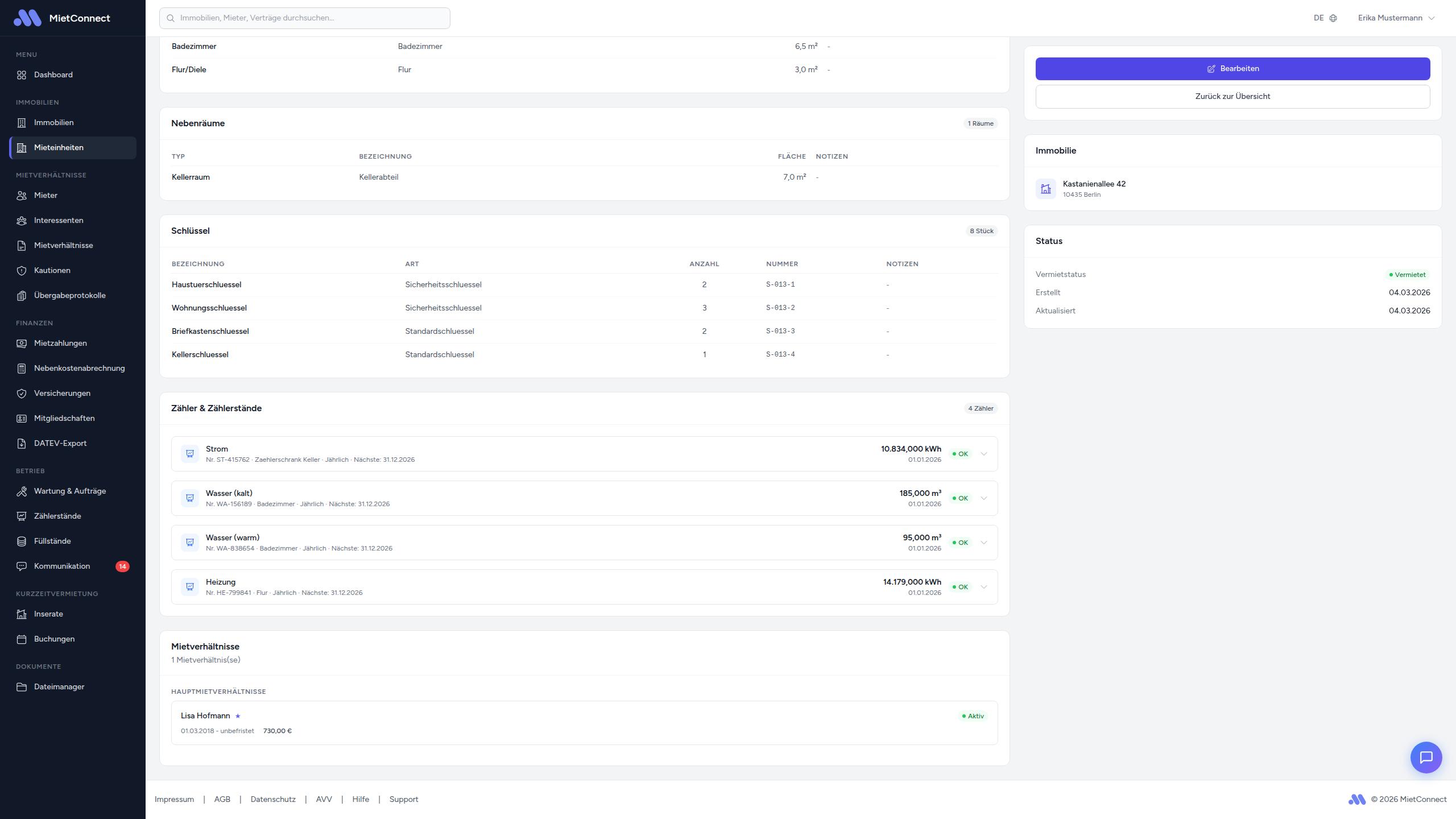 Zähler-Bereich in der Detailansicht einer Mieteinheit