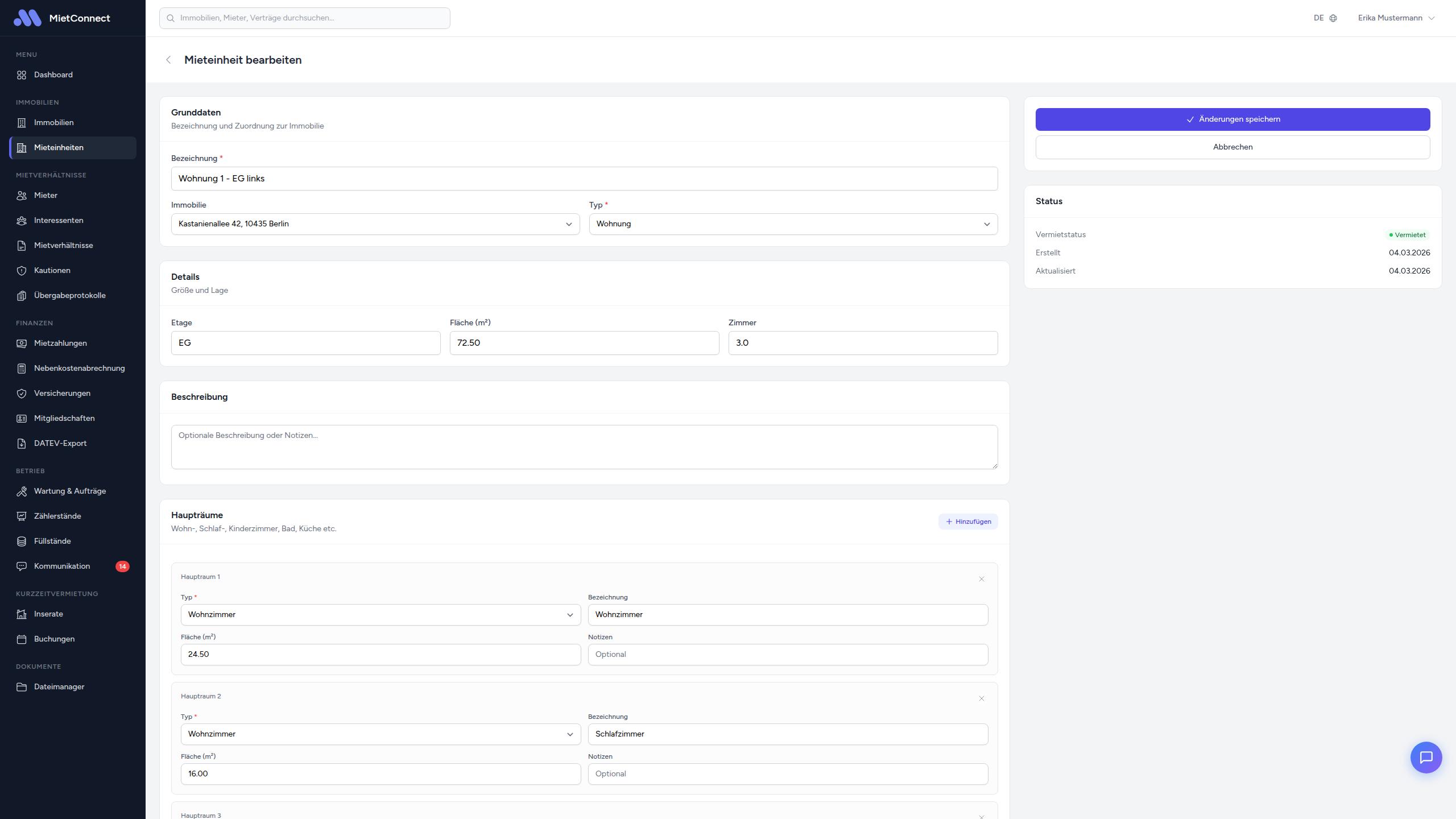 Zähler-Bereich im Bearbeitungsformular einer Mieteinheit