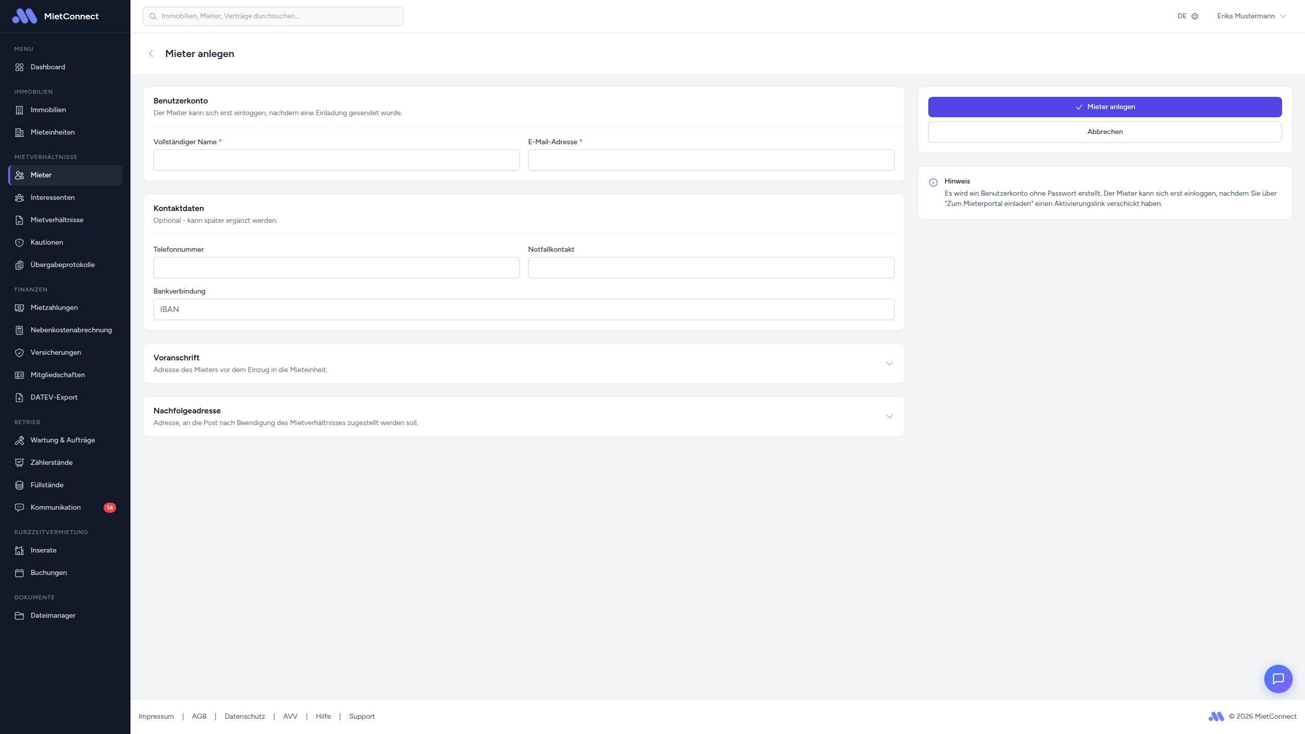 Formular zum Erstellen eines Mieters