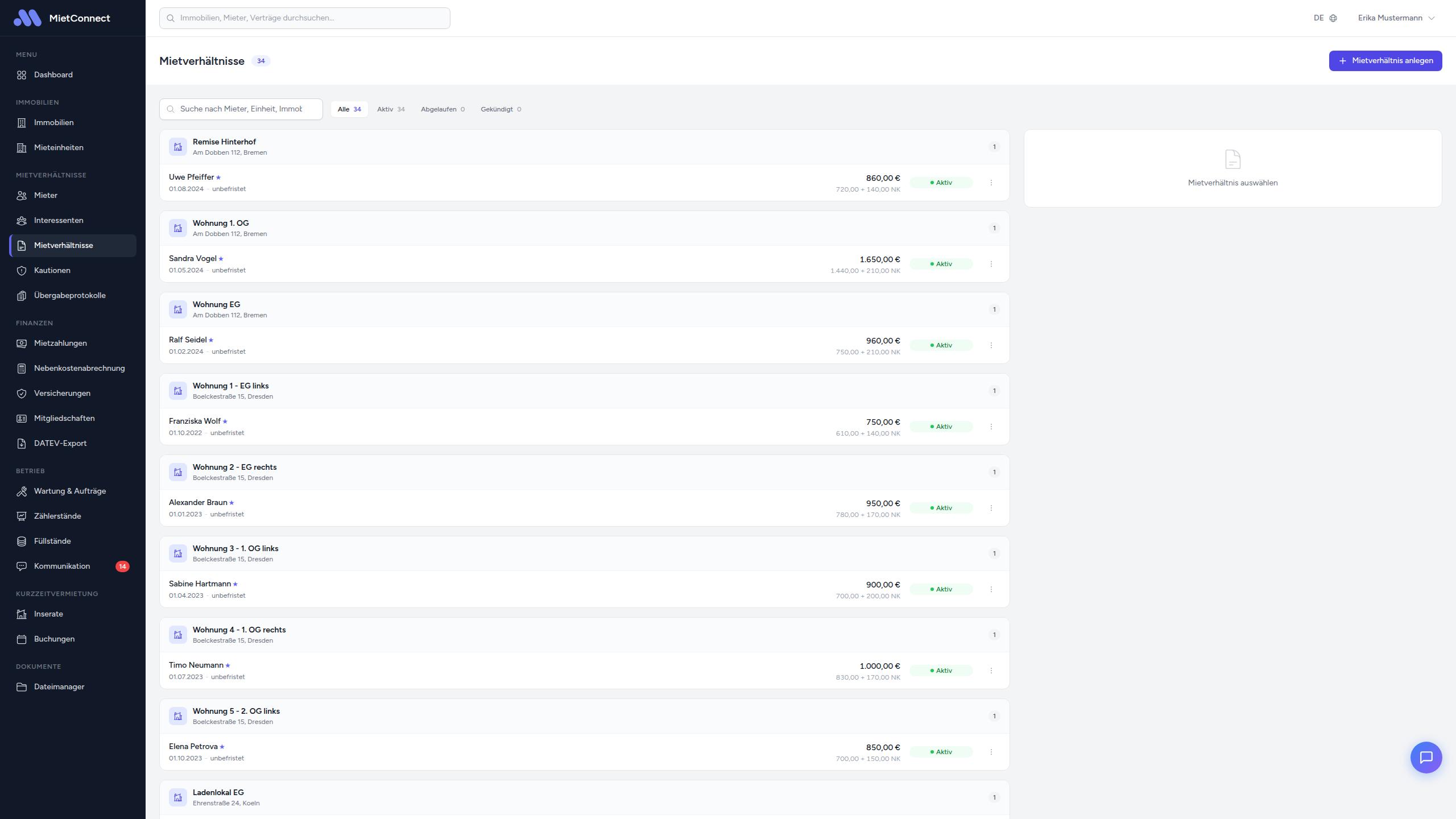 Mietverhältnisse-Übersichtsseite mit Tabelle