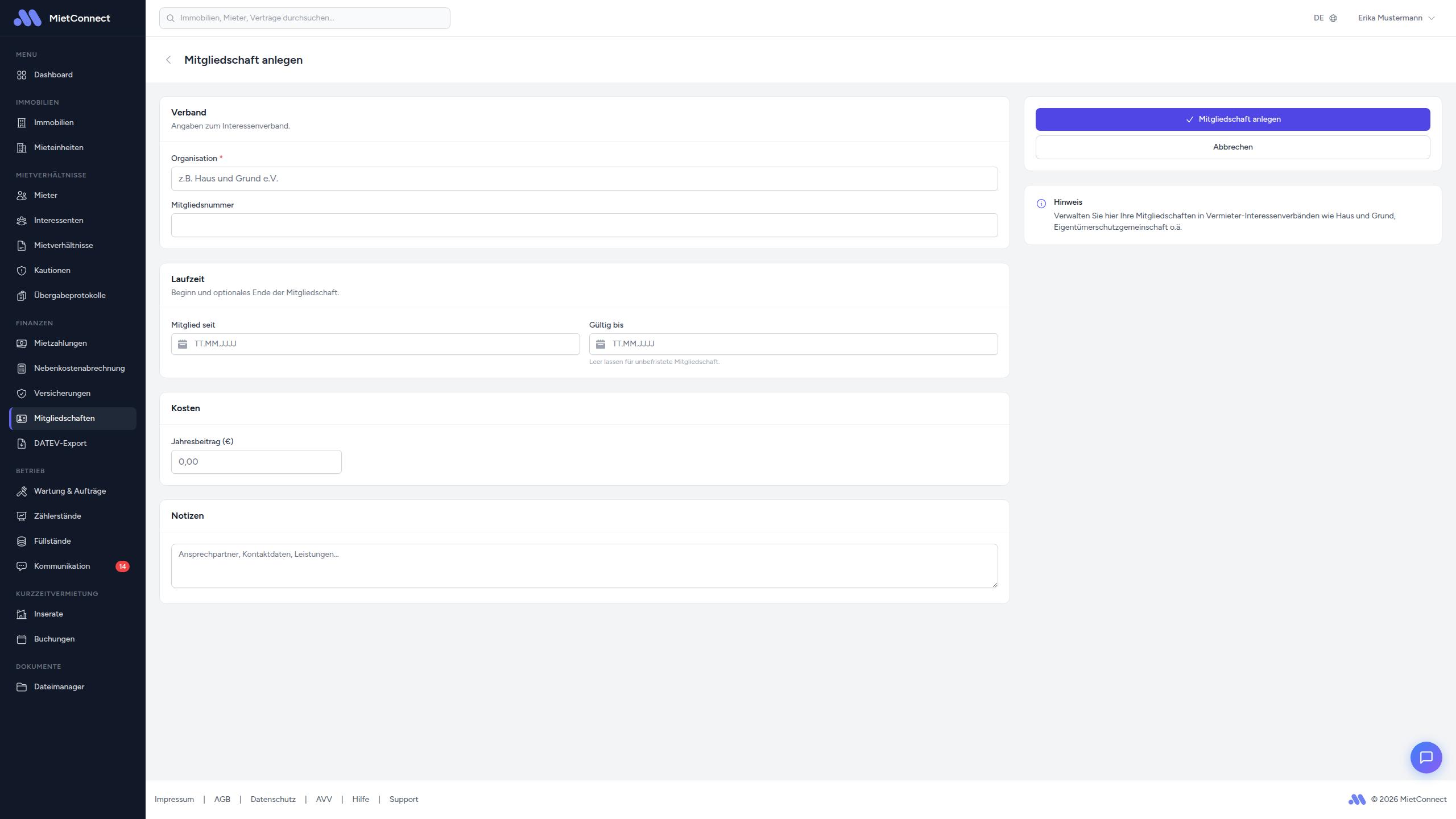 Formular zum Erstellen einer Mitgliedschaft