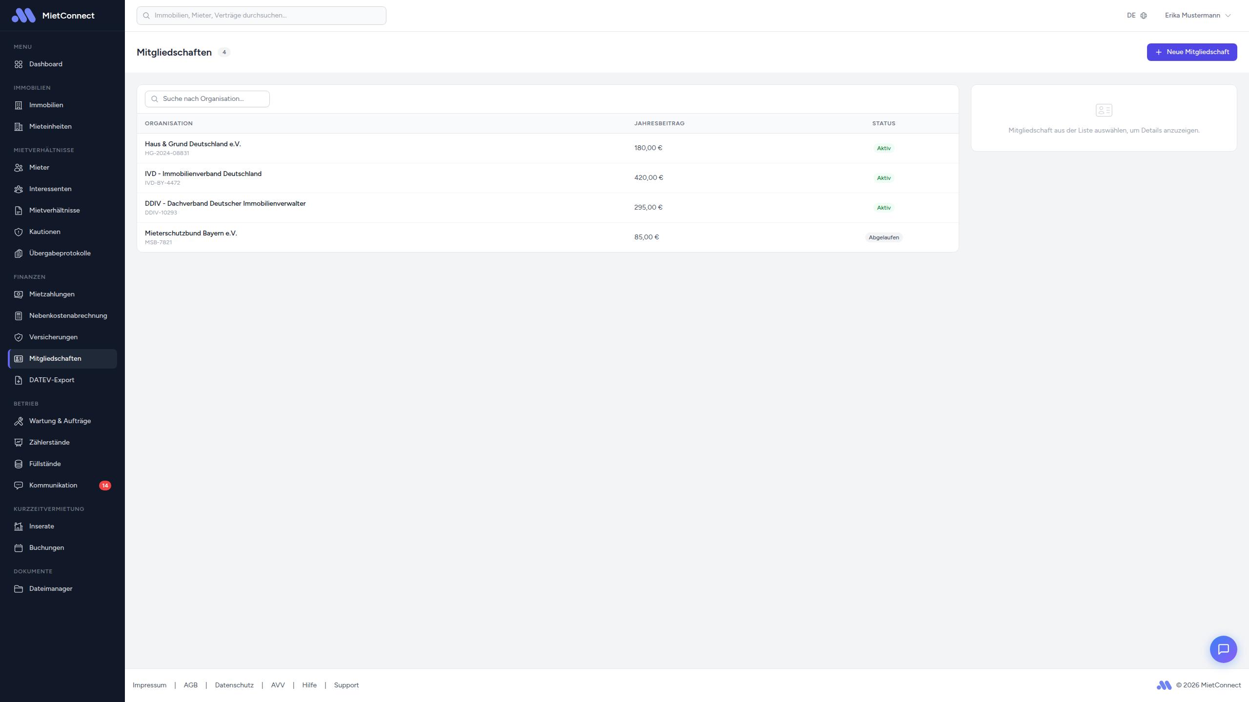 Mitgliedschaften-Übersichtsseite mit Karten und Status-Badges