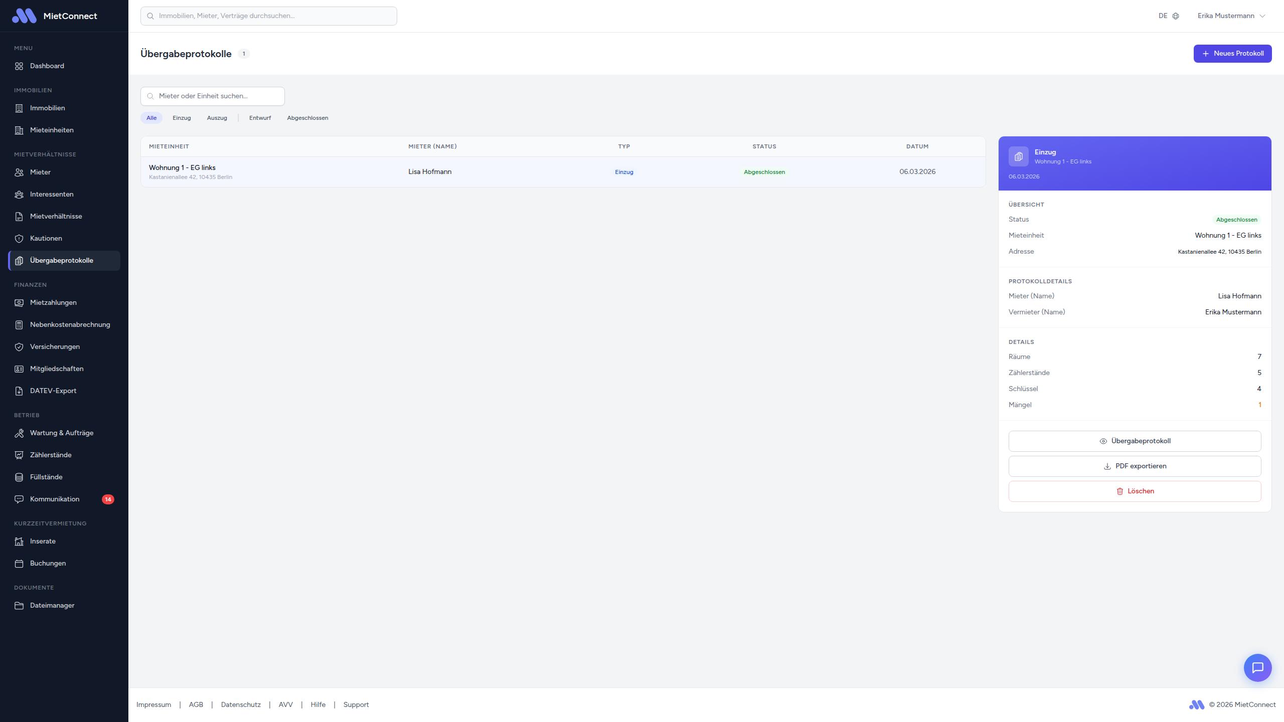 Detailpanel eines ausgewählten Protokolls