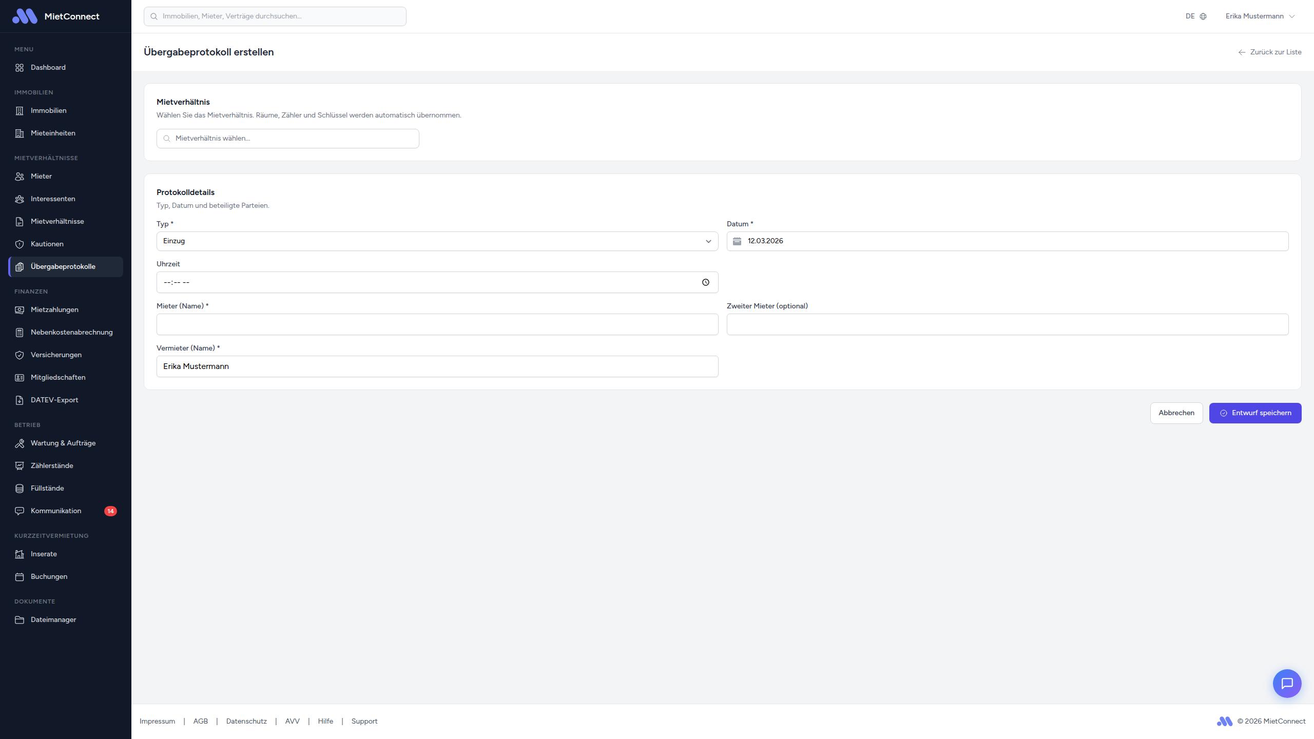 Formular zum Erstellen eines Übergabeprotokolls