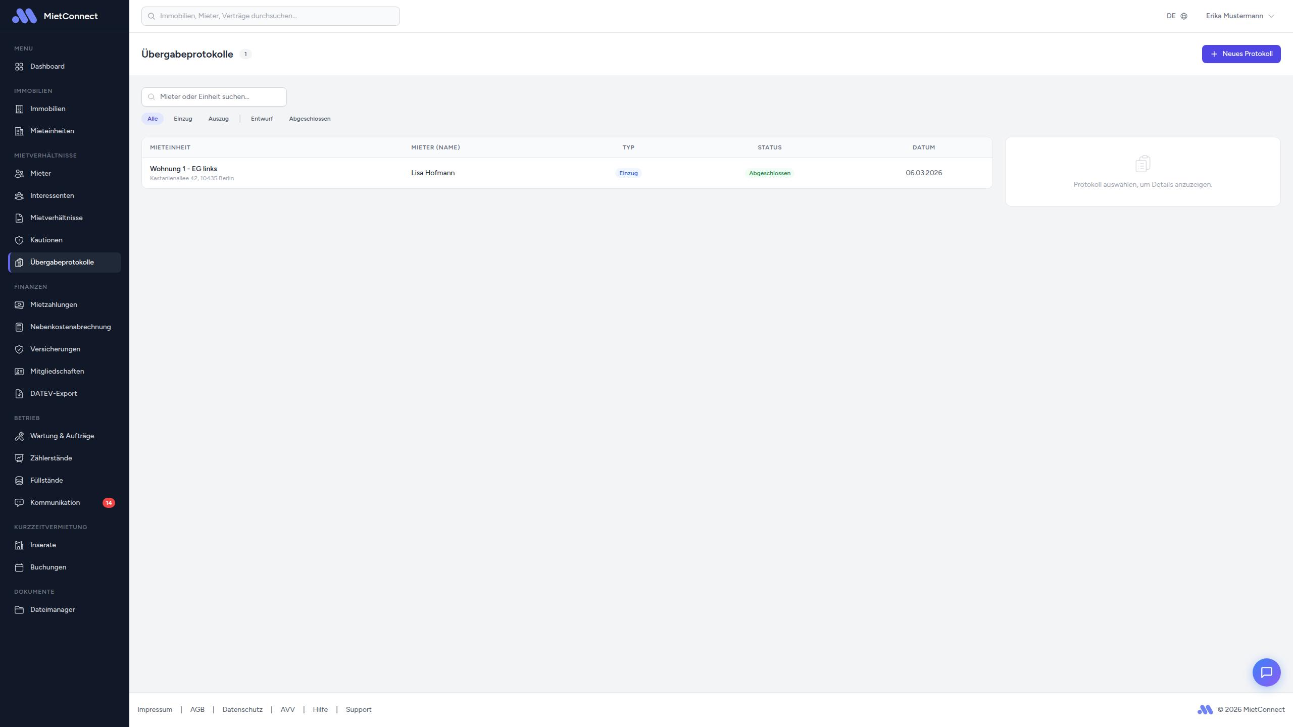 Übergabeprotokolle-Übersicht