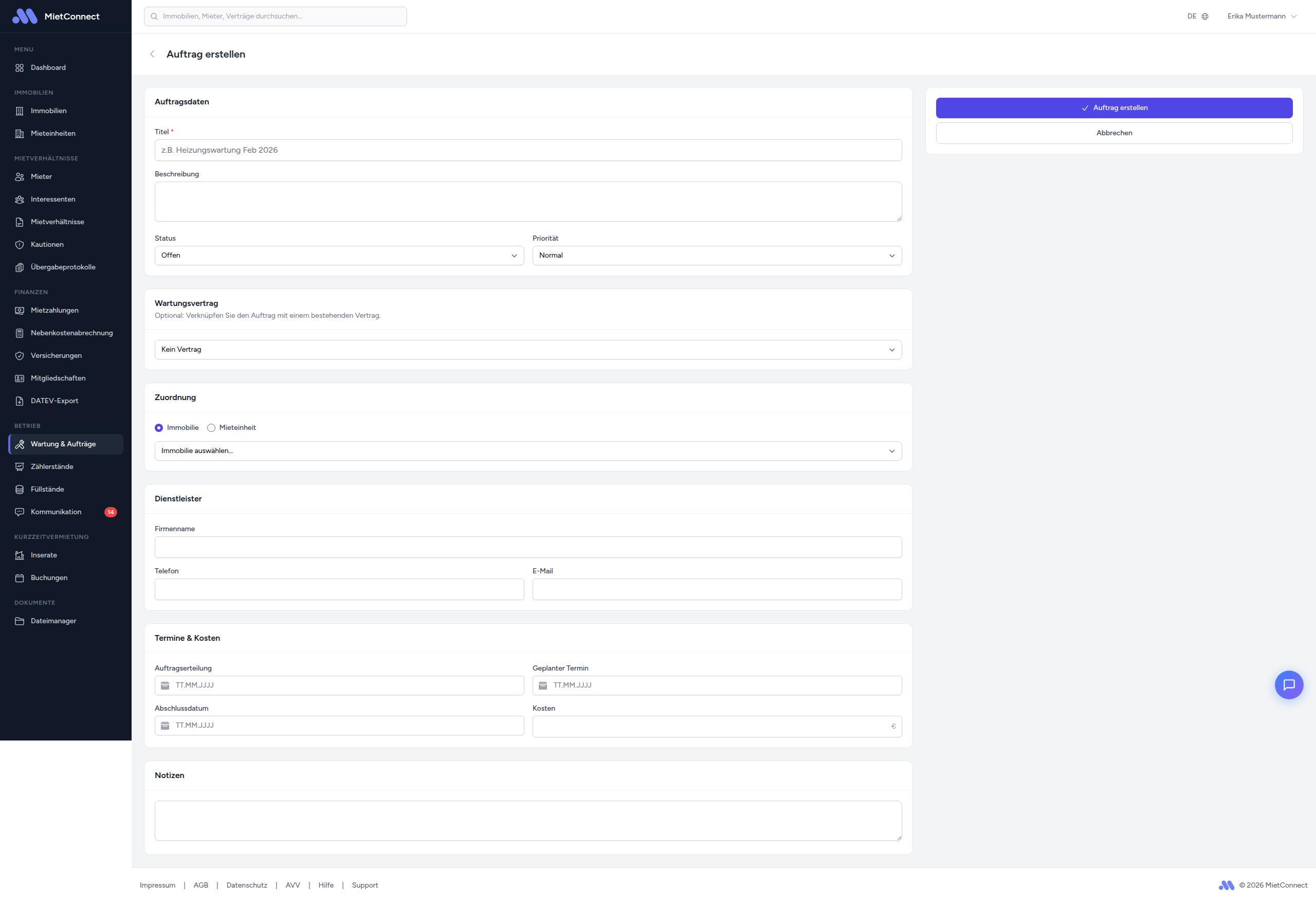 Formular zum Erstellen eines Wartungsauftrags