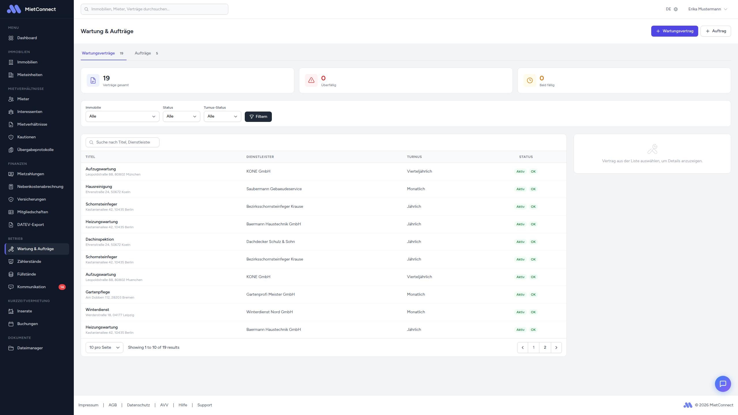 Wartung und Aufträge - Übersichtsseite mit Tabs und Summary-Cards