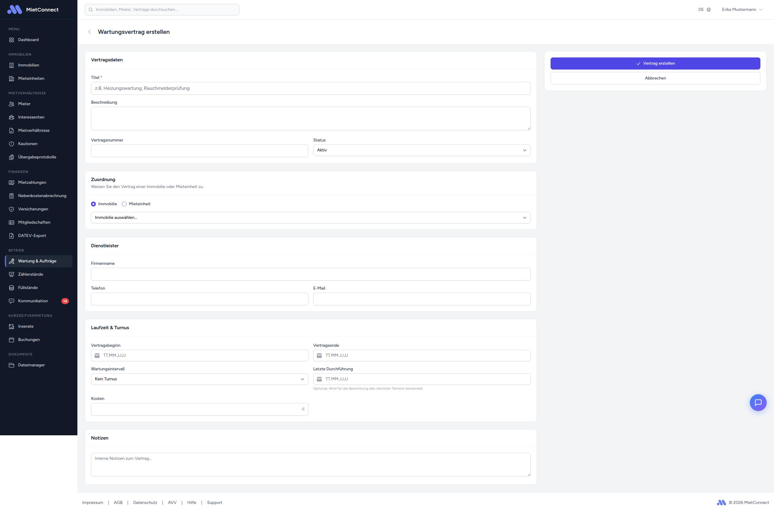 Formular zum Erstellen eines Wartungsvertrags