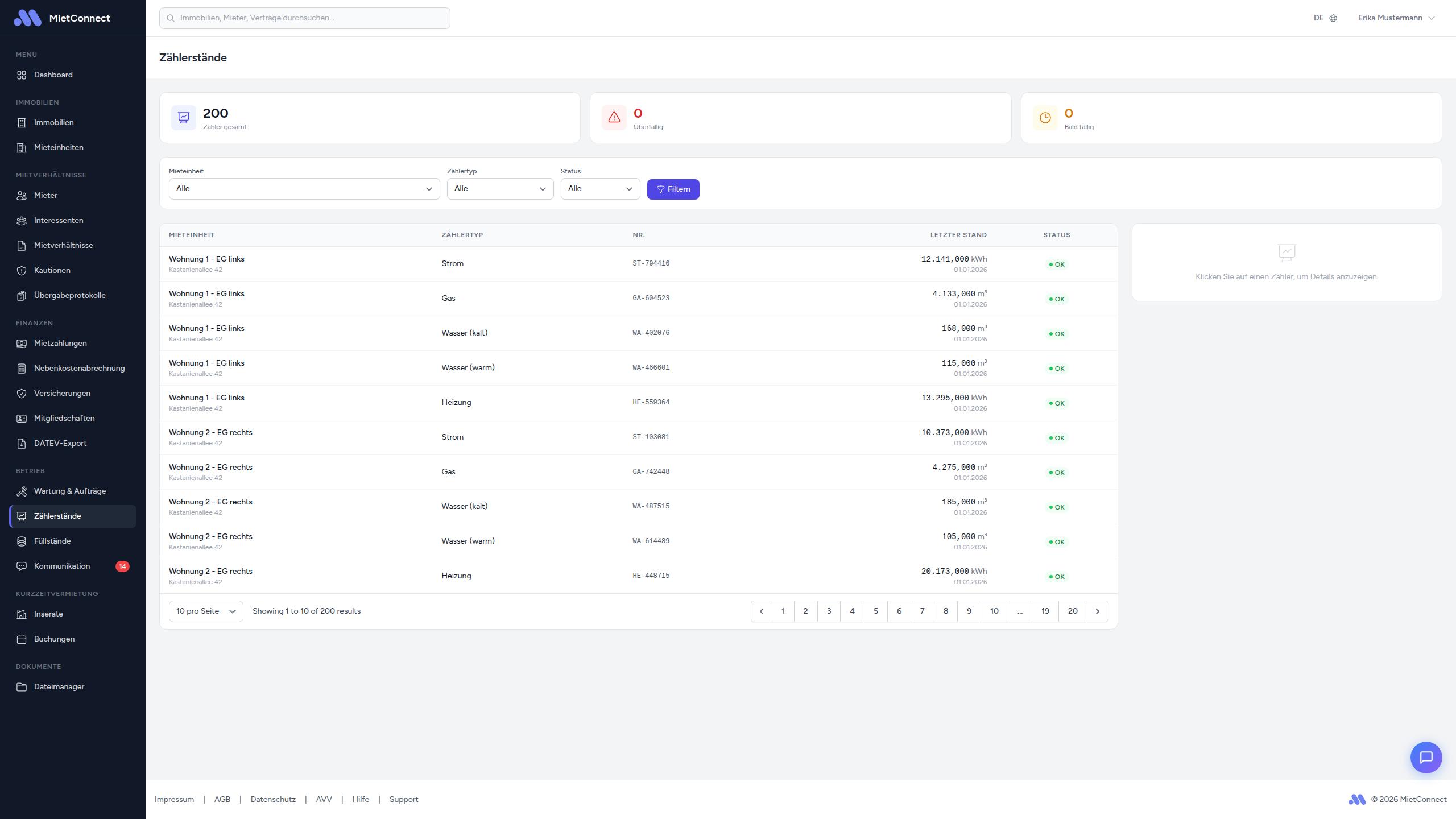 Zählerstände-Übersichtsseite mit Summary-Cards und Zähler-Tabelle
